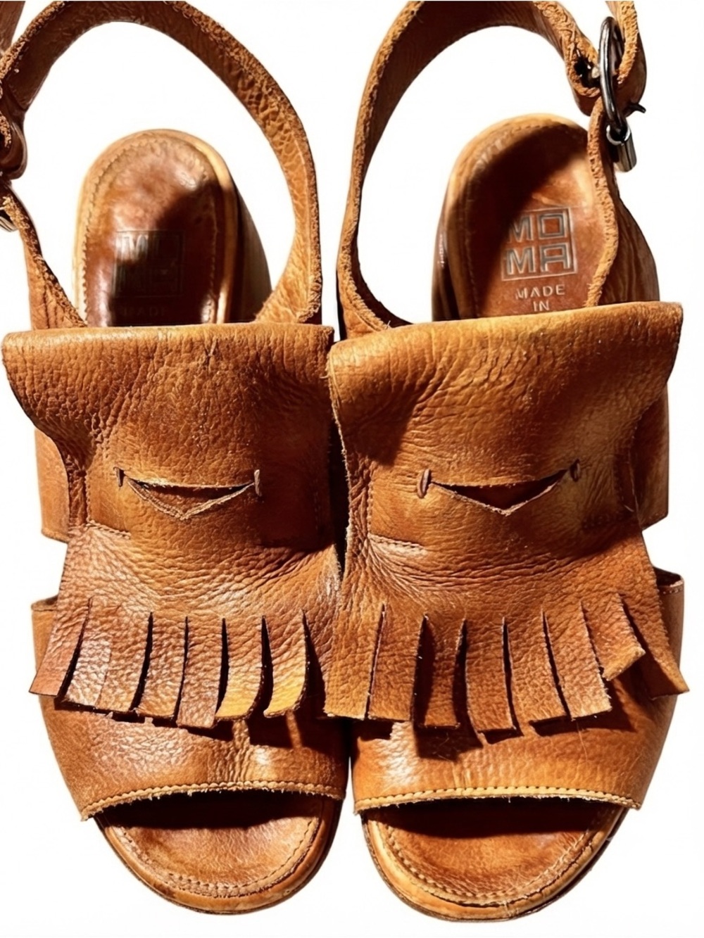Vintage Moma Tan Leather Fringe Slingback City Sandals